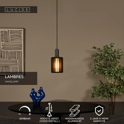 Lucide LAMBRES - Hanglamp - Ø 15 cm - 1xE27 - Zwart - USP